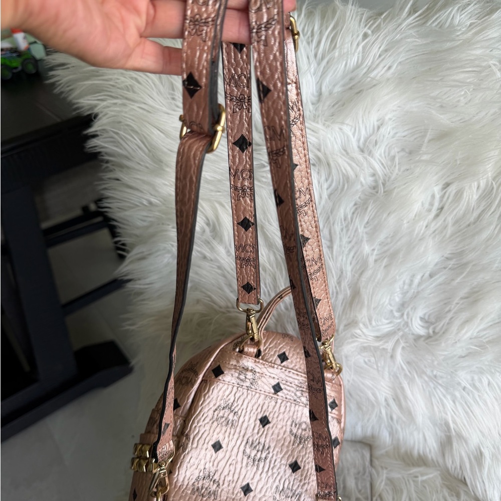 MCM Stark Bebe Boo X-Mini Backpack Metallic Rose Monogram Pink Visetos Leather - Picture 8 of 13